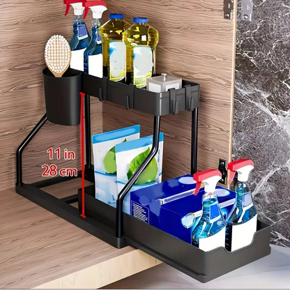 Space Saving 2 Tier under Sink Organizer,Pull Out Storage Box Durable Large Capacity Kitchen Bathroom Essential Drawer Organizer