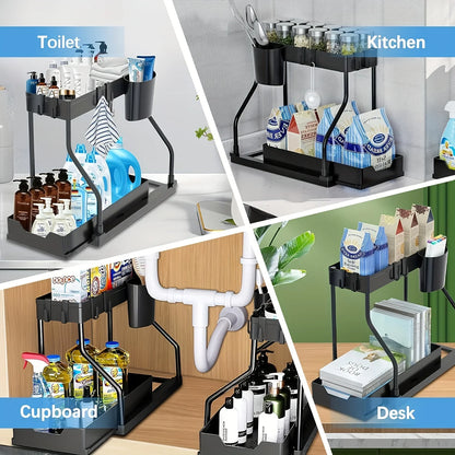 Space Saving 2 Tier under Sink Organizer,Pull Out Storage Box Durable Large Capacity Kitchen Bathroom Essential Drawer Organizer