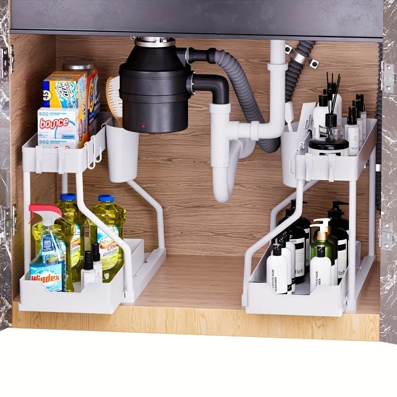Space Saving 2 Tier under Sink Organizer,Pull Out Storage Box Durable Large Capacity Kitchen Bathroom Essential Drawer Organizer